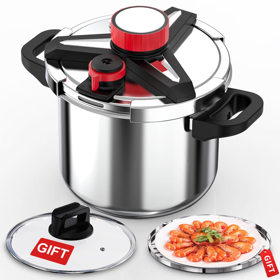 RVGMBO pressure cooker with one‑hand locking knob for easy and safe lid operation