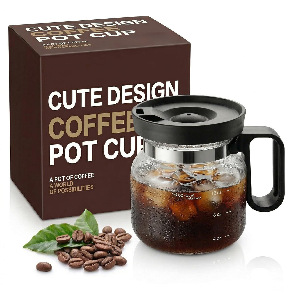 RWIXR Unique Coffee Pot Mug 16oz with Lid close-up shows clear borosilicate glass and scale.
