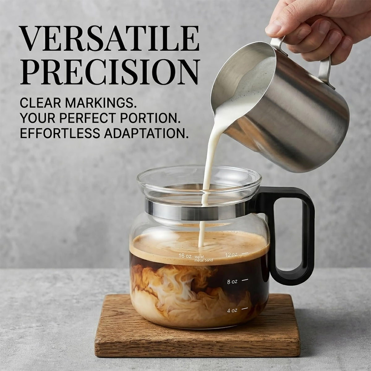 RWIXR 16oz glass cup on desk demonstrating heat resistance for hot or cold drinks.