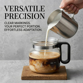 RWIXR 16oz glass cup on desk demonstrating heat resistance for hot or cold drinks.