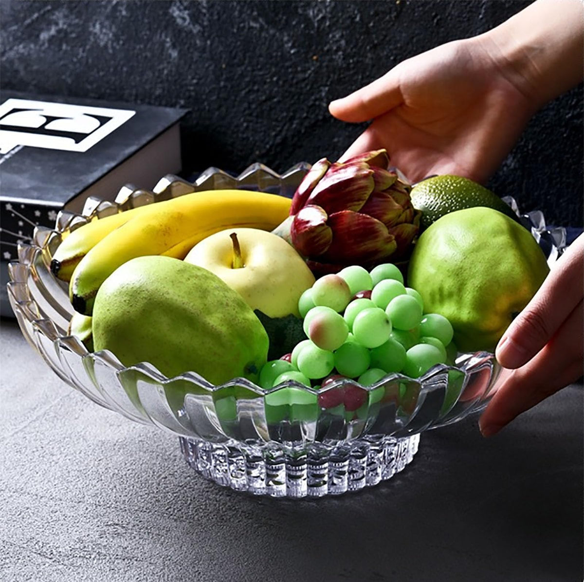 Rxcvkmw bowl on dining table with fruit creating an inviting centerpiece.