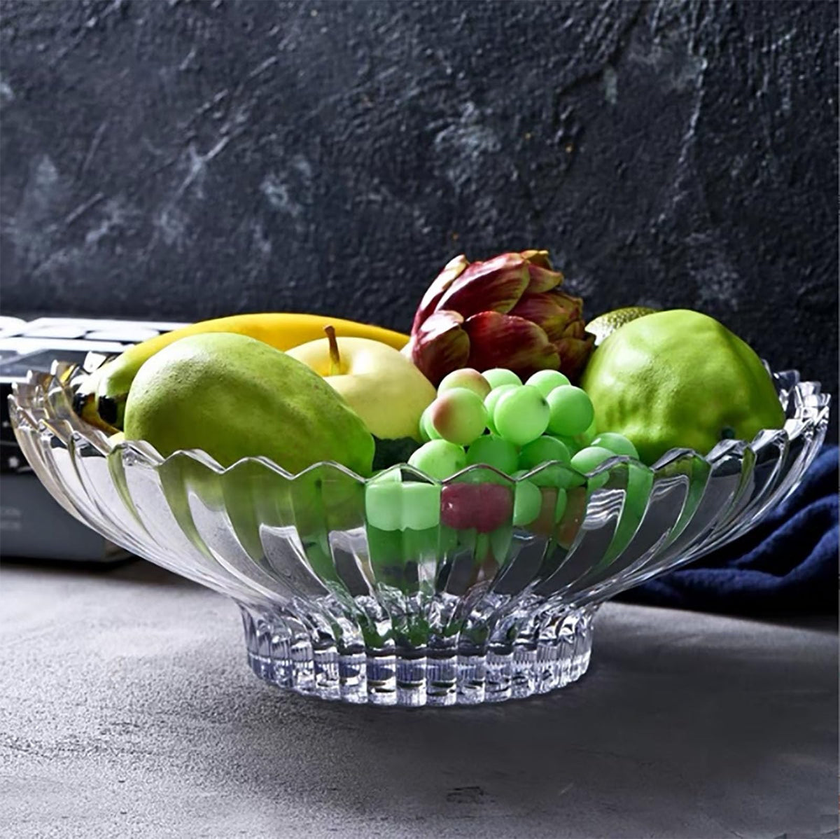 Rxcvkmw glass bowl reveals 12 inch diameter and interior space for fruit.