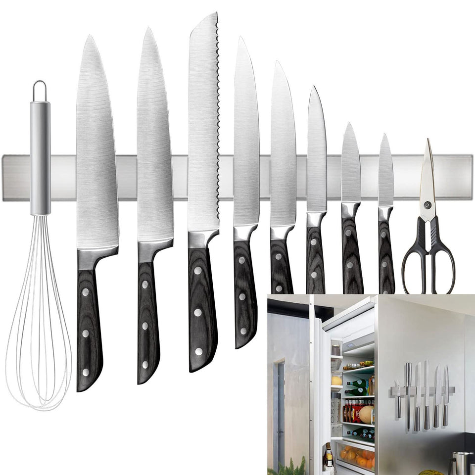 Rymmzone 17in knife strip mounted on fridge keeps blades organized and accessible