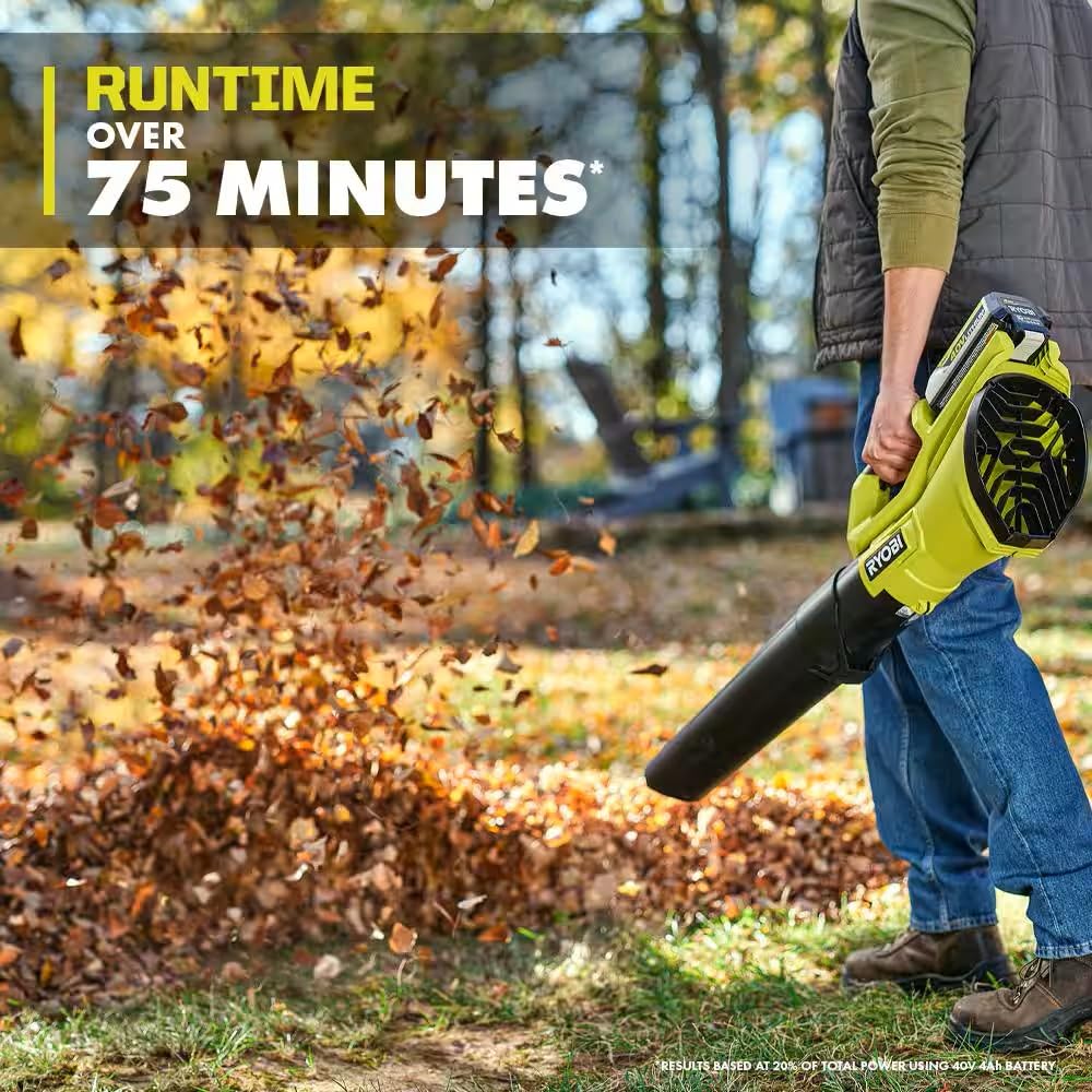 RYOBI 40V blower air-output detail emphasizes strong performance on outdoor debris.