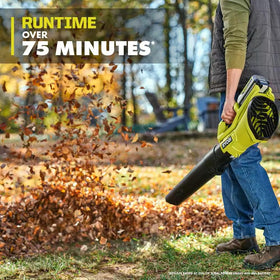 RYOBI 40V blower air-output detail emphasizes strong performance on outdoor debris.
