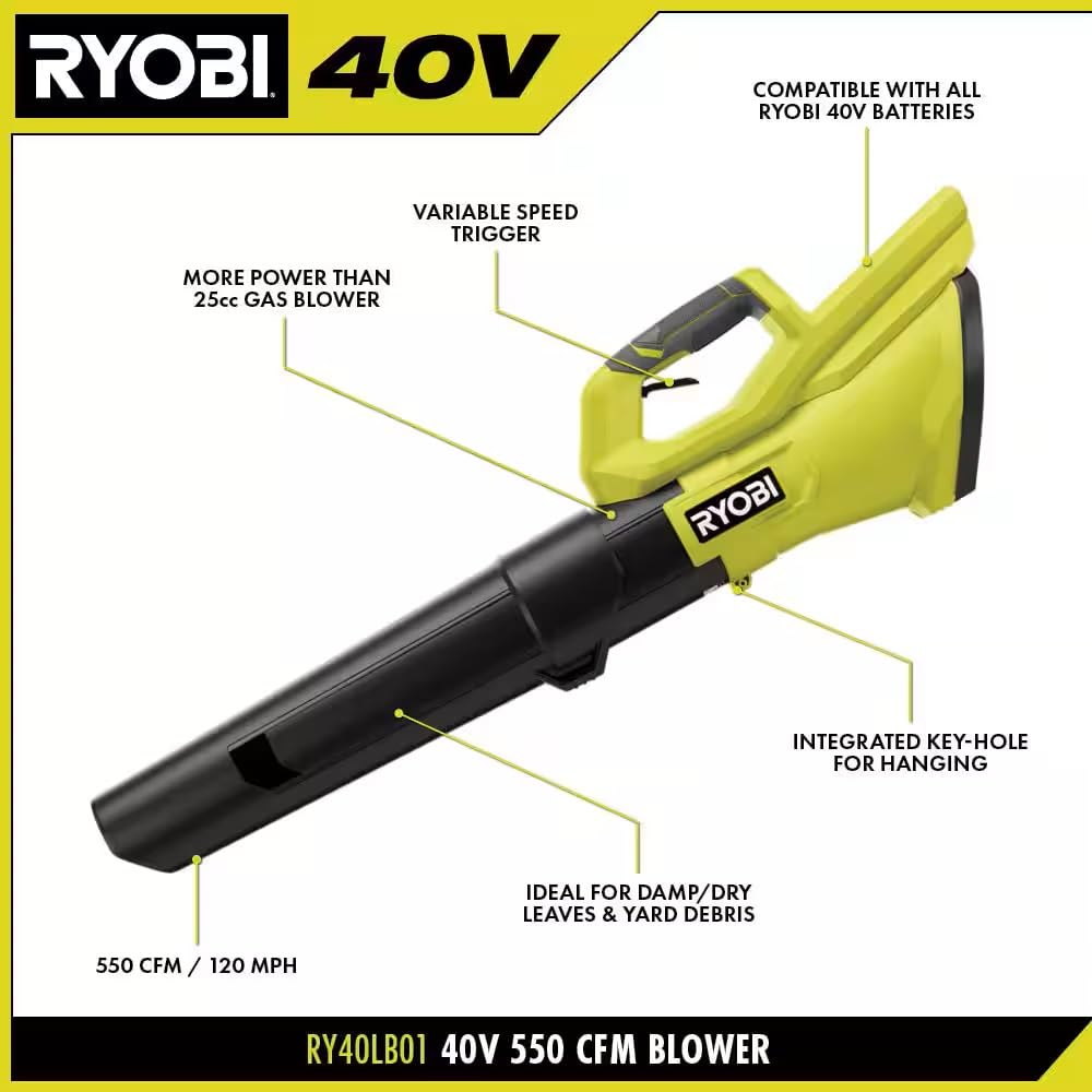 RYOBI 40V blower battery compartment indicates tool-only setup for lightweight handling.