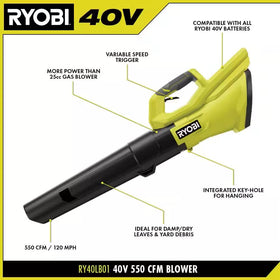 RYOBI 40V blower battery compartment indicates tool-only setup for lightweight handling.