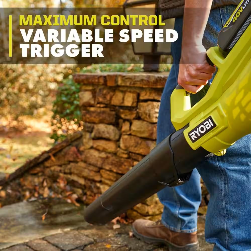 RYOBI 40V blower compact design fits in tight spaces for quick jobs.