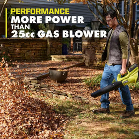 RYOBI 40V blower in use on driveway shows efficient leaf removal.