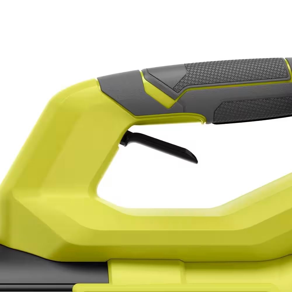 RYOBI 40V blower nozzle closeup demonstrates focused air stream for leaves.
