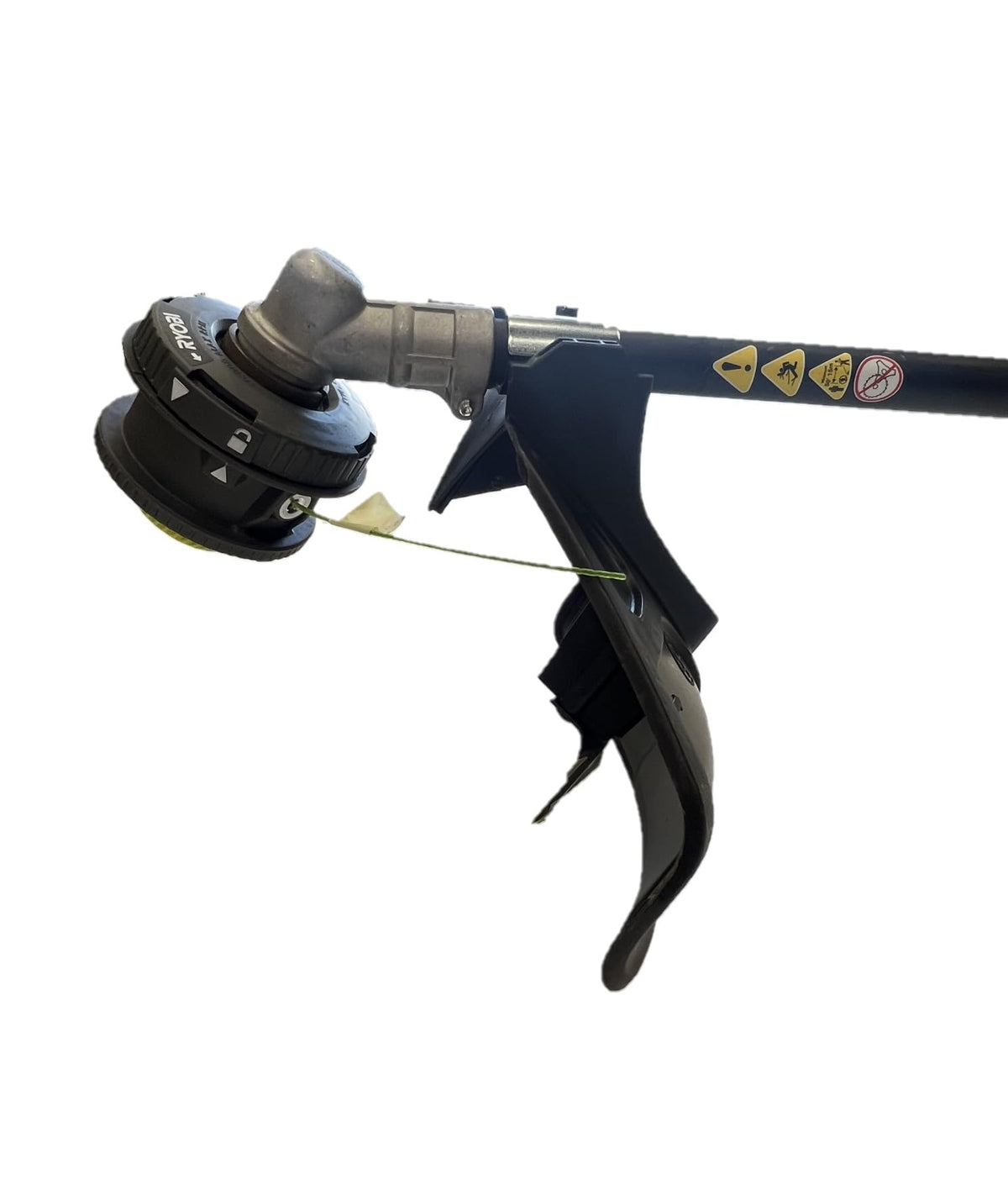 RYOBI 40V trimmer guard and cutting path demonstrates safety-conscious precision.