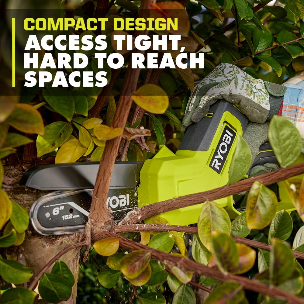 RYOBI Oneand 18V 6in pruning saw action cuts branches cleanly