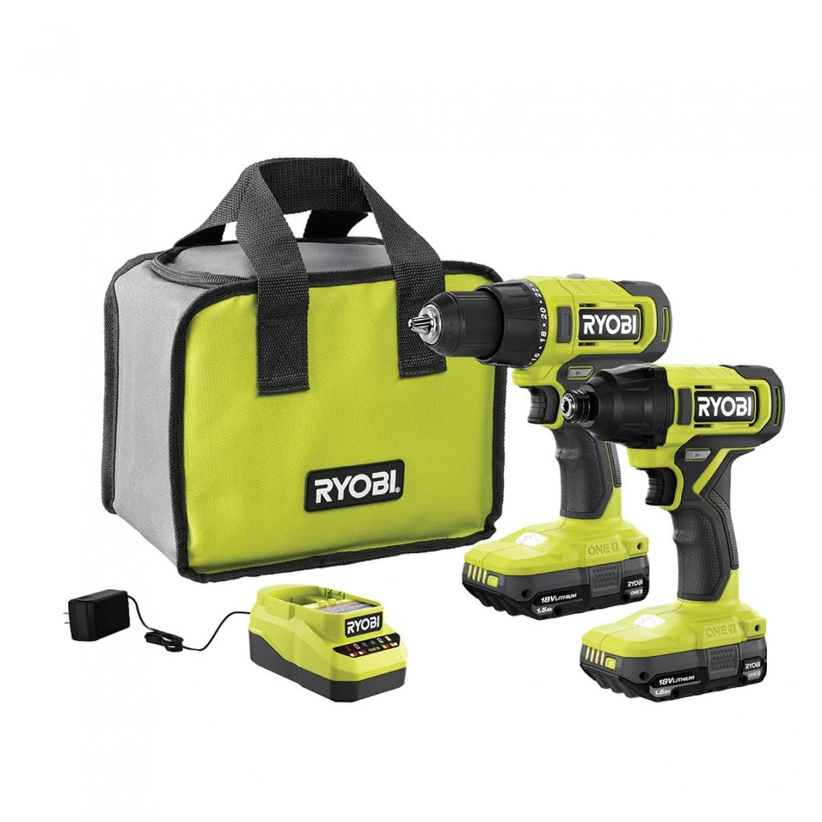 Ryobi ONEAND 18V cordless drill and impact driver, front view, versatile for DIY tasks.