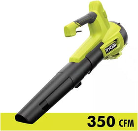 RYOBI ONEAND 18V leaf blower in action on a patio, clearing leaves
