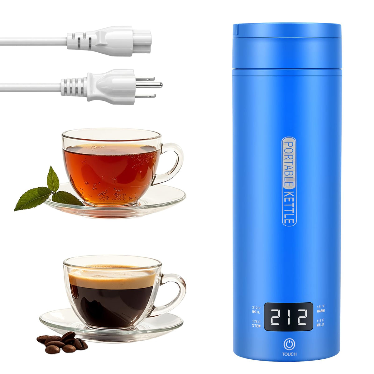 Rzlinn travel kettle in blue, front view for portable on-the-go brewing.