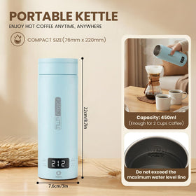 Rzlinn travel kettle compact blue body with 450 ml capacity for two cups.