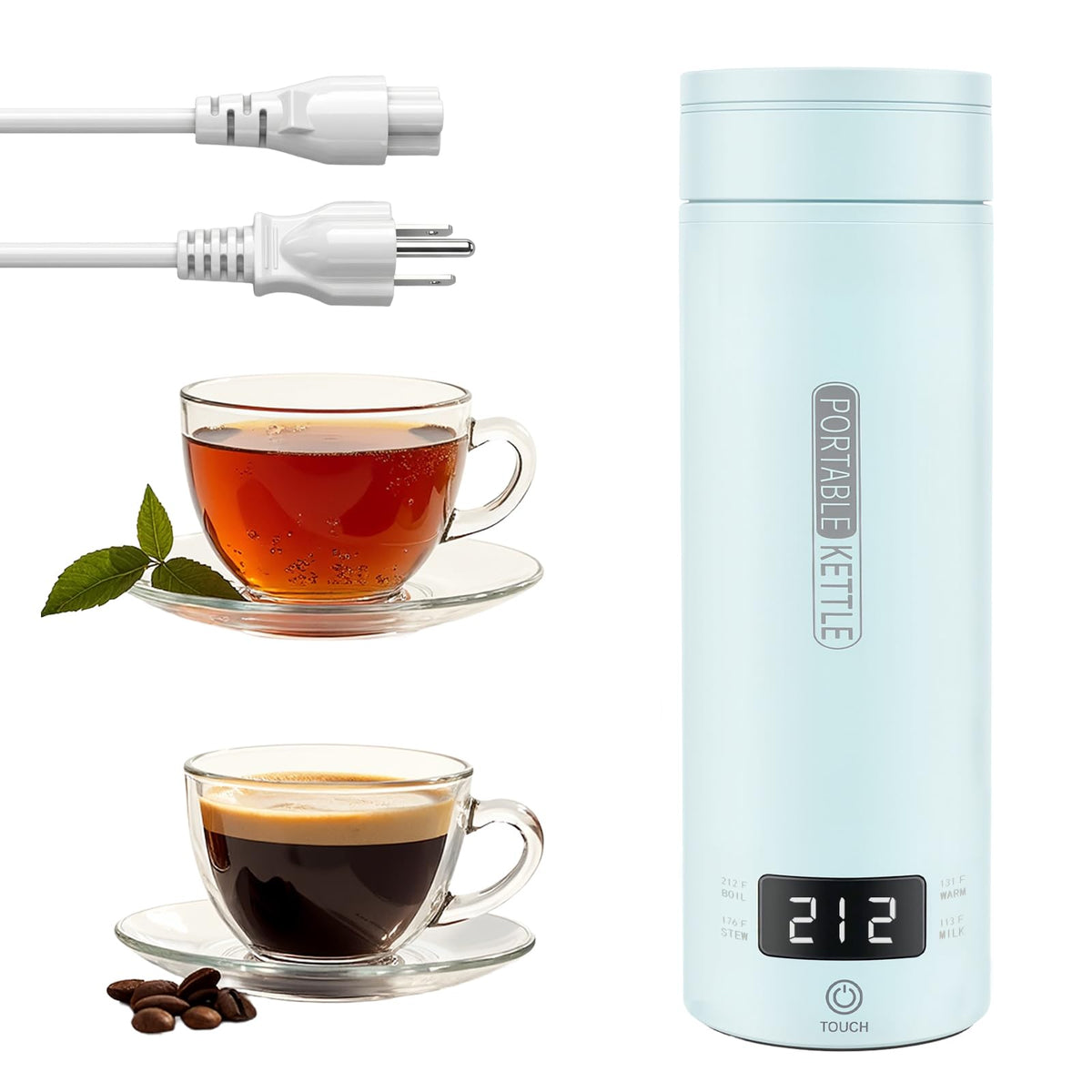 Rzlinn travel kettle exterior view in blue, perfect for on-the-go hot water.