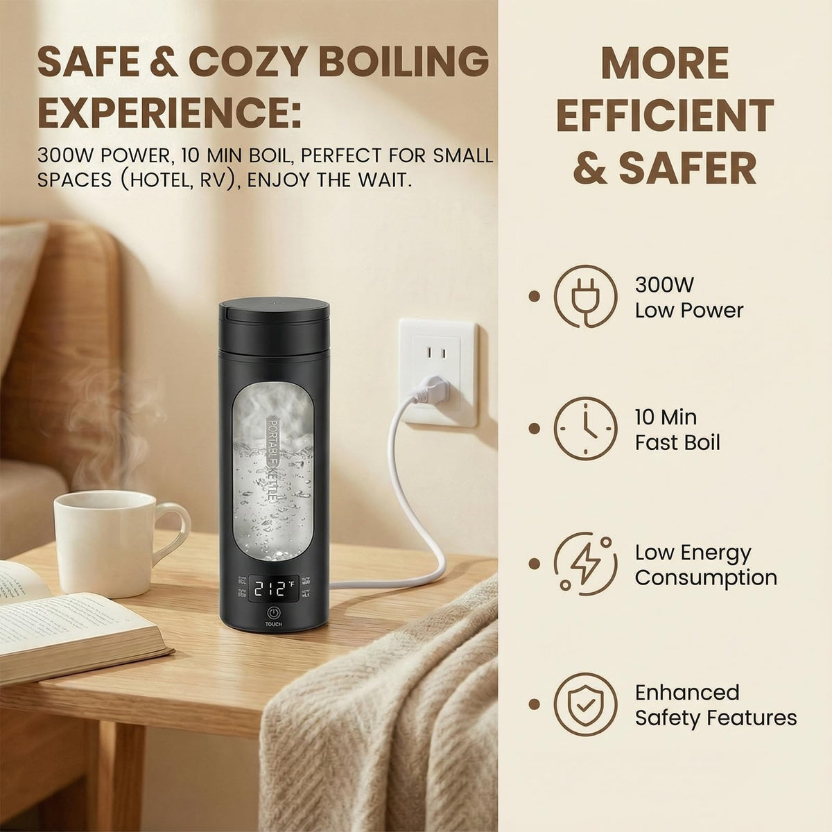 Rzlinn travel kettle ntc control display shows precise heat levels