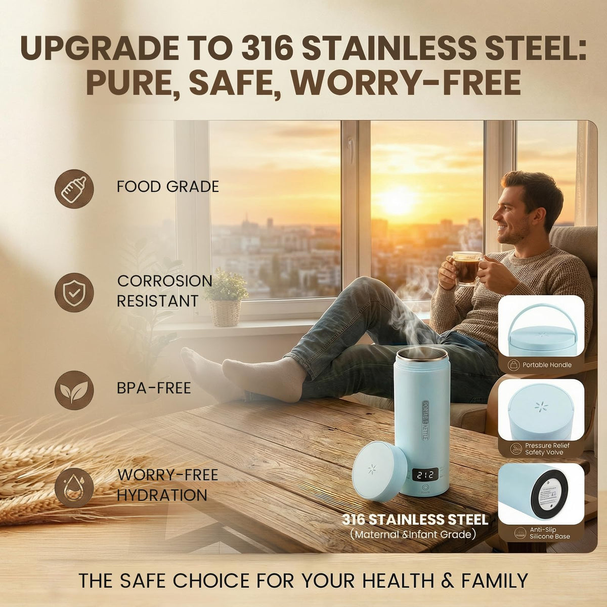 Rzlinn kettle spout pours smoothly into a mug for easy use.