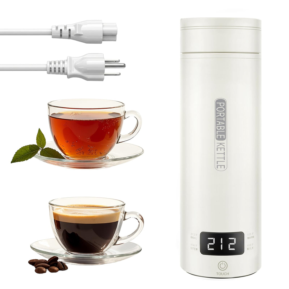 Rzlinn Travel Tea Kettle in white, compact design for easy packing.