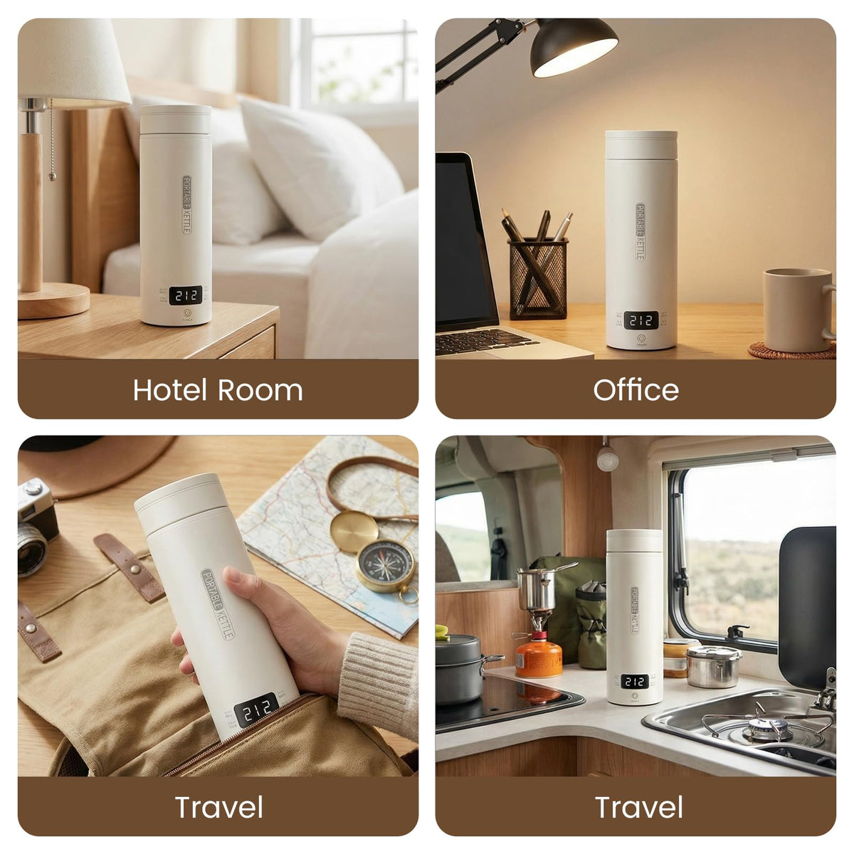 Rzlinn white travel kettle shown in a small office or hotel desk.