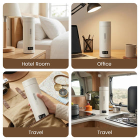 Rzlinn white travel kettle shown in a small office or hotel desk.