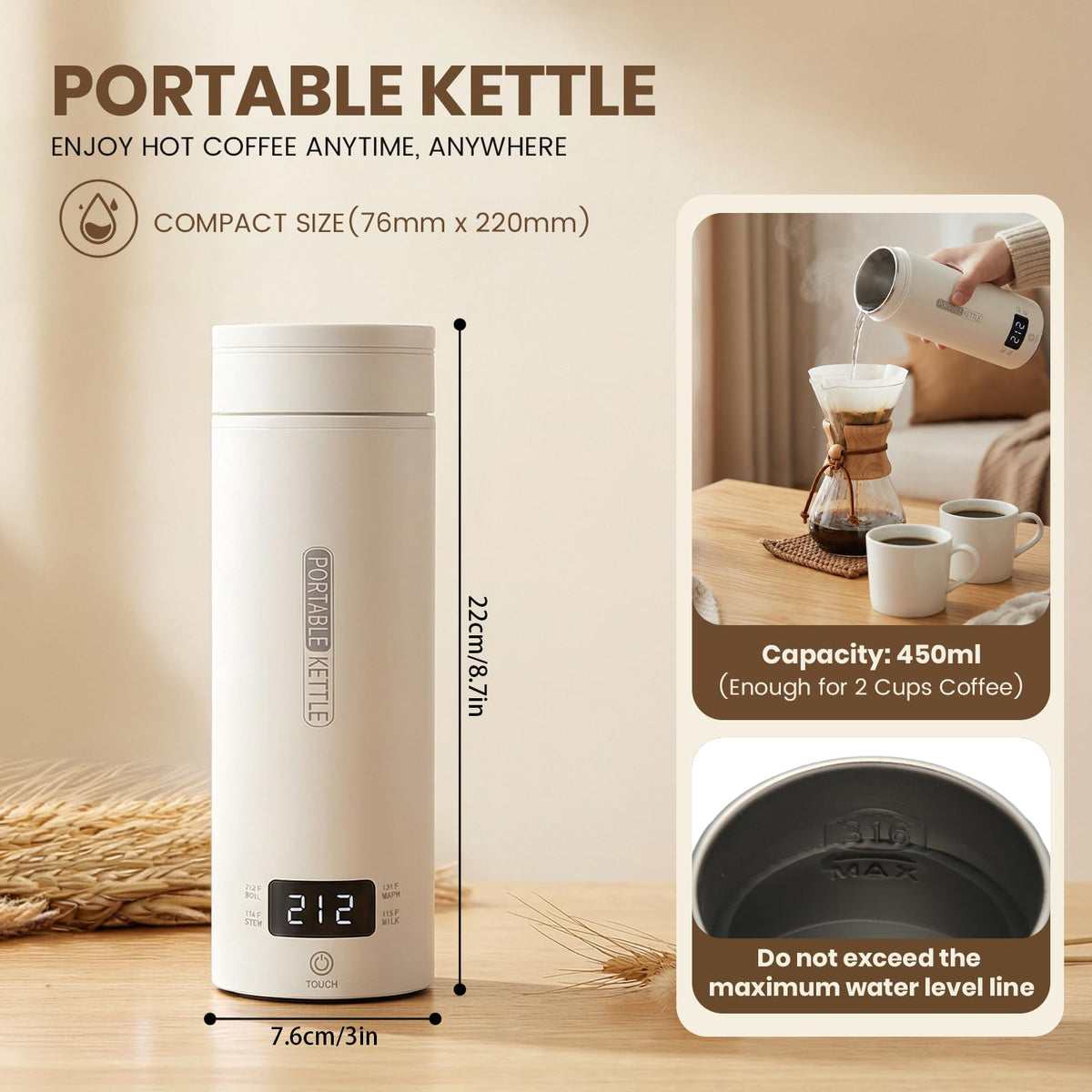 Rzlinn Travel Tea Kettle heats to 212°F quickly for hot beverages.