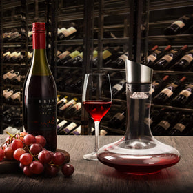 S JUSTSTART decanter with anti-spill top for mess-free pouring.