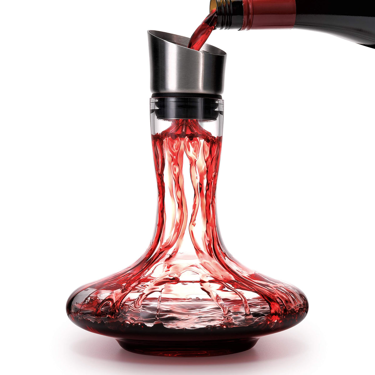 S JUSTSTART wine decanter with built-in aerator pourer enhances aroma on the table.