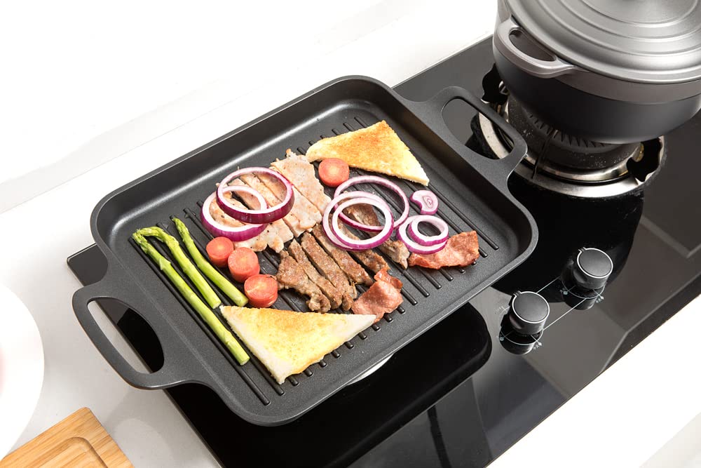 S·KITCHN induction-ready grill pan on stove for indoor grilling scenarios.