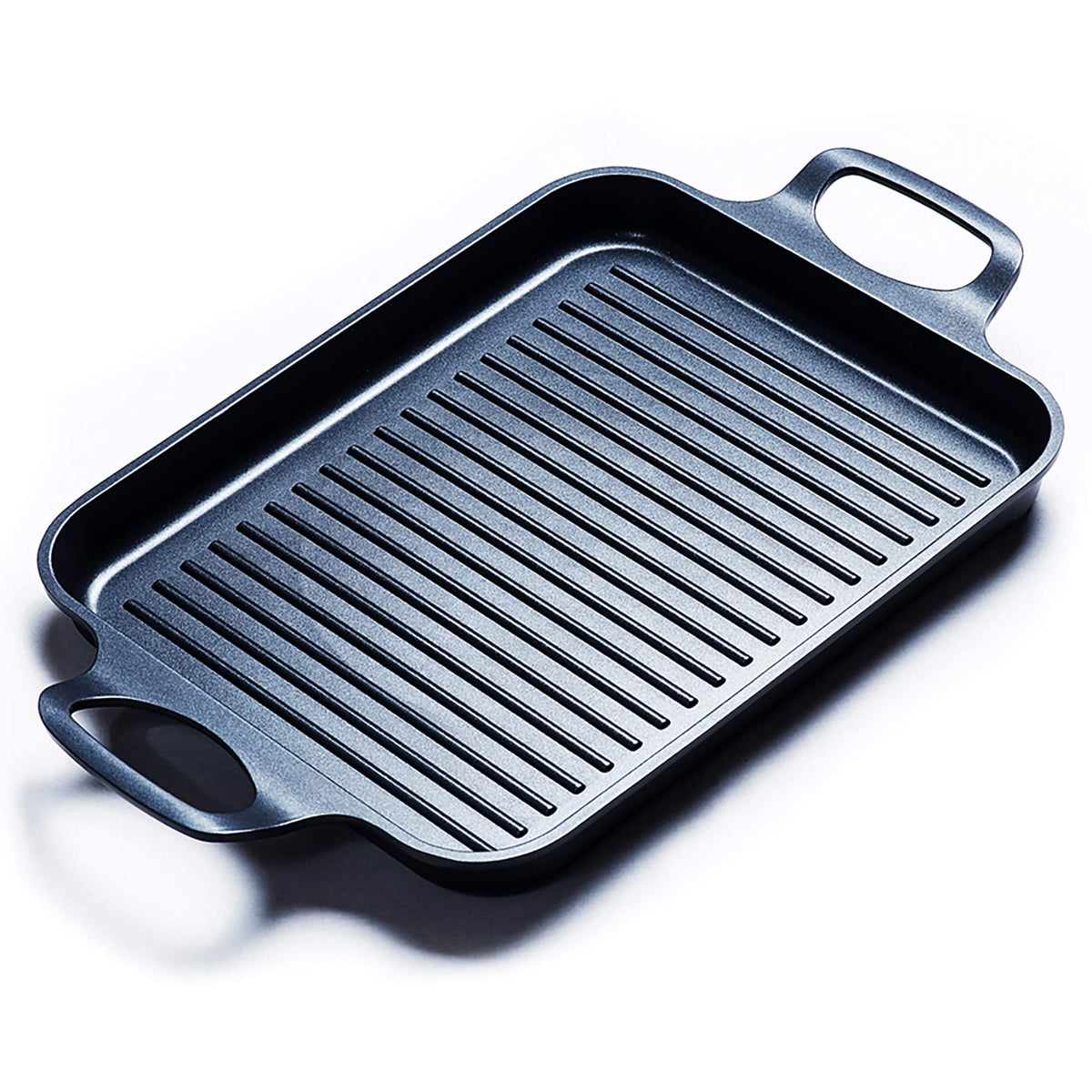 S·KITCHN nonstick grill pan front view highlights easy release and browning potential.