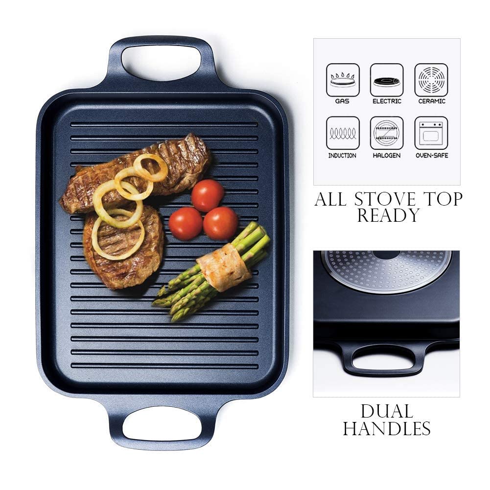 S·KITCHN grill pan handle close-up showing secure, easy lifting.
