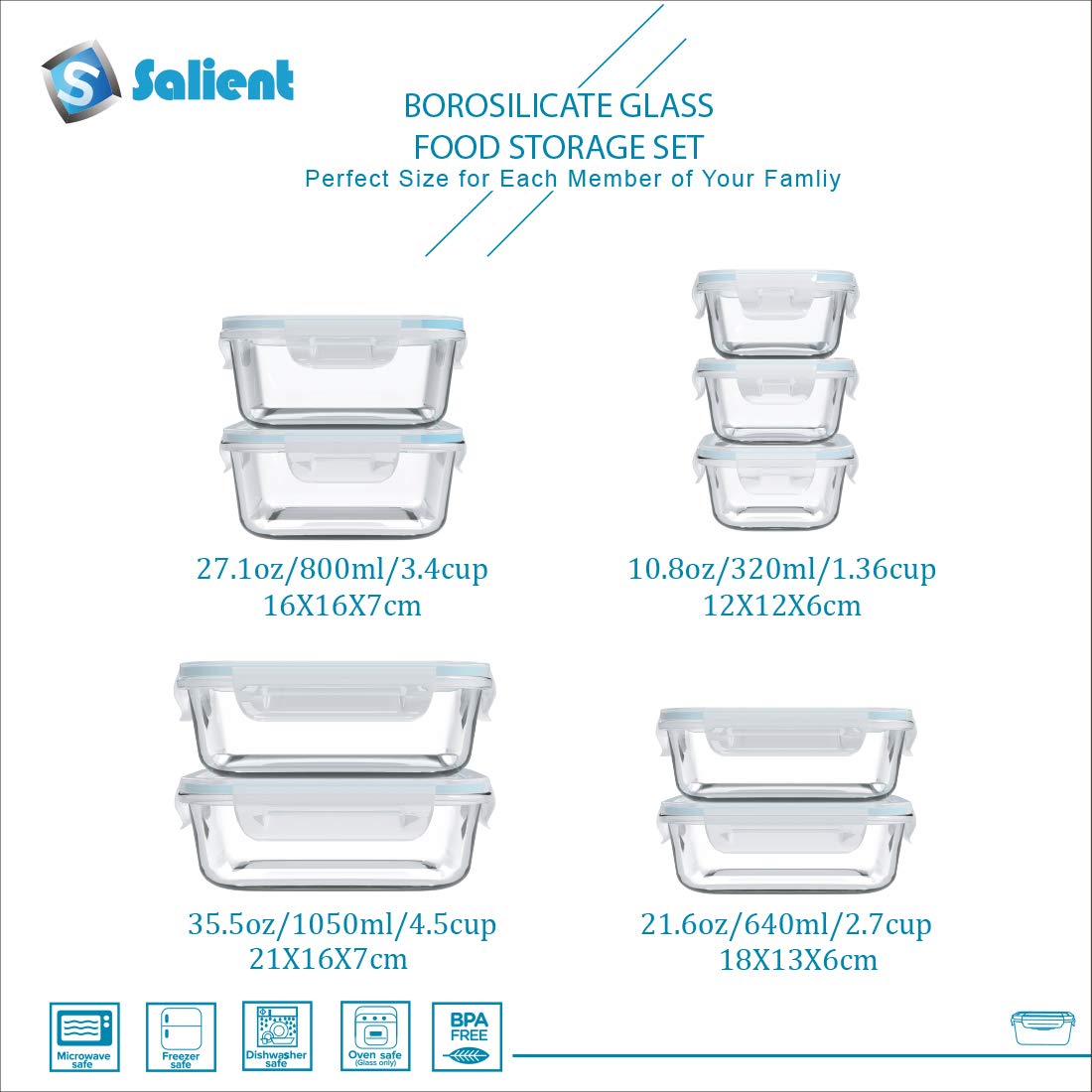 S SALIENT square 27oz glass container for meal prep and portioning.