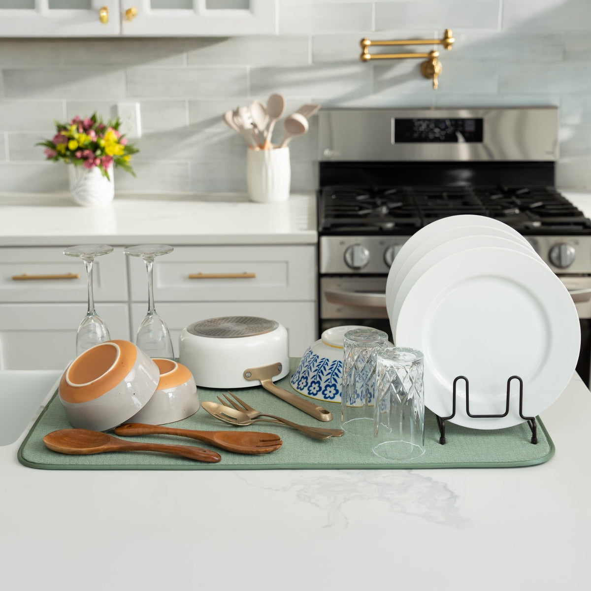 S&T INC dish drying mat cushions delicate items like wine glasses.
