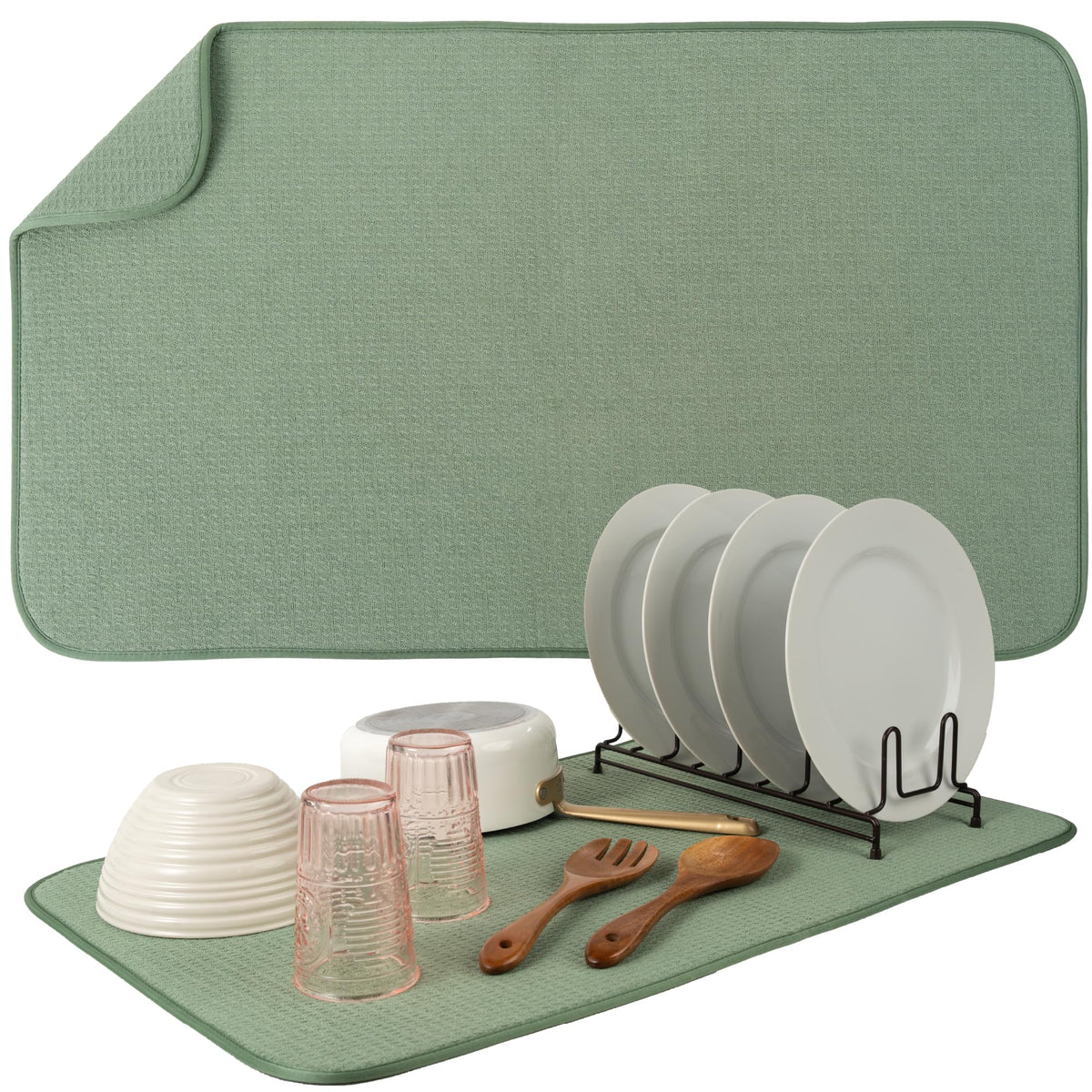 S&T INC Dish Drying Mat XL 18x30 sage green cushions dishes on the counter.