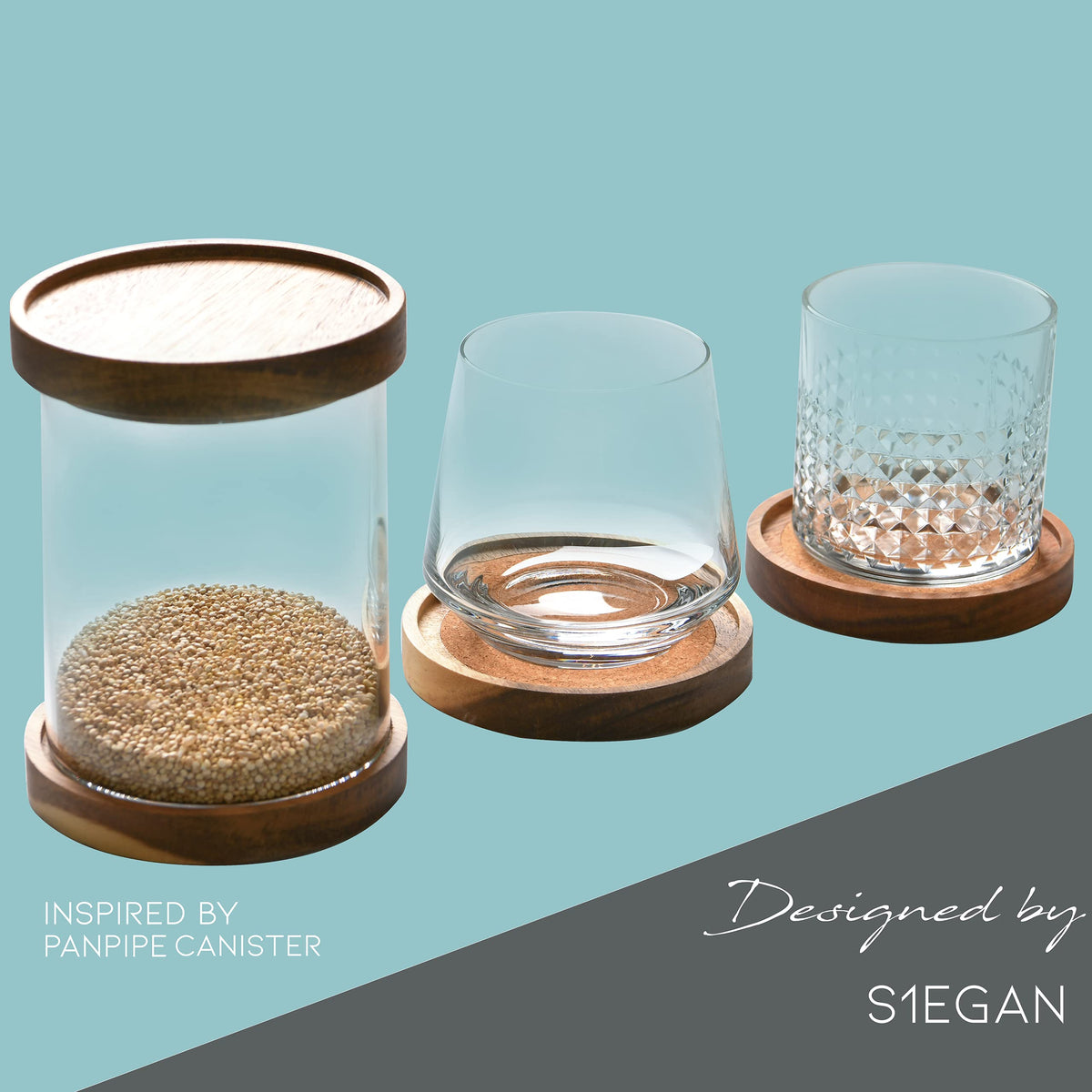 S1EGAN Acacia wood coaster six-pack, ideal for home or office use.