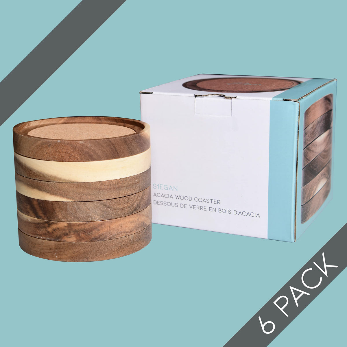 S1EGAN Acacia wood coaster gift-ready presentation for guests.