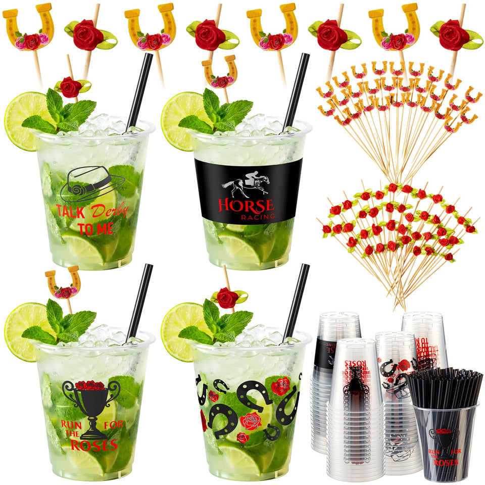 Sabary Derby cups 12 oz clear with vibrant prints for festive drinks