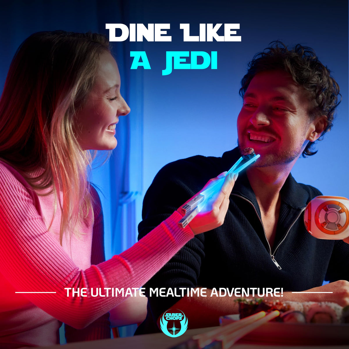Saber Chops light-up purple chopsticks elevate table ambiance.