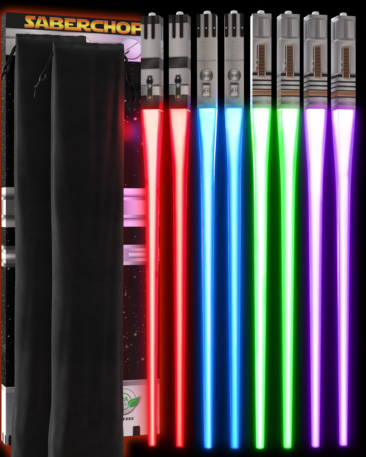 Saber Chops light-up red chopsticks brighten your sushi dinner.