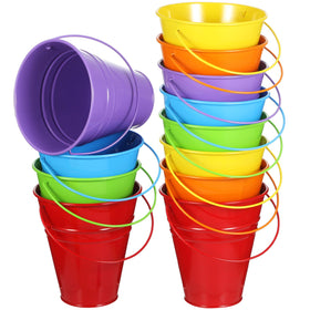 Sadnyy rainbow metal buckets front view with sturdy handles for party favors