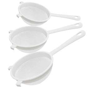 Sadoia 3-piece nylon mesh strainer set with handles for precise liquid filtration.