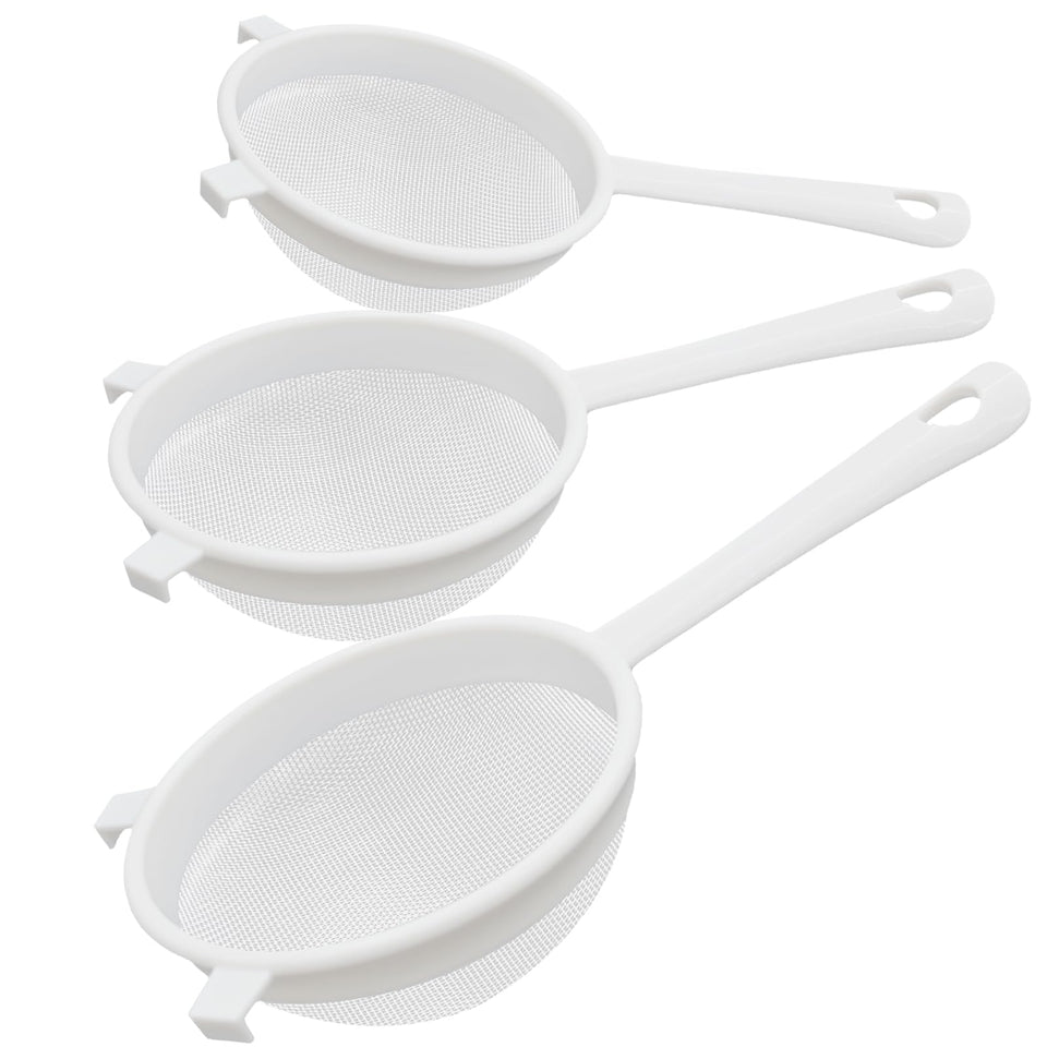 Sadoia 3-piece nylon mesh strainer set with handles for precise liquid filtration.
