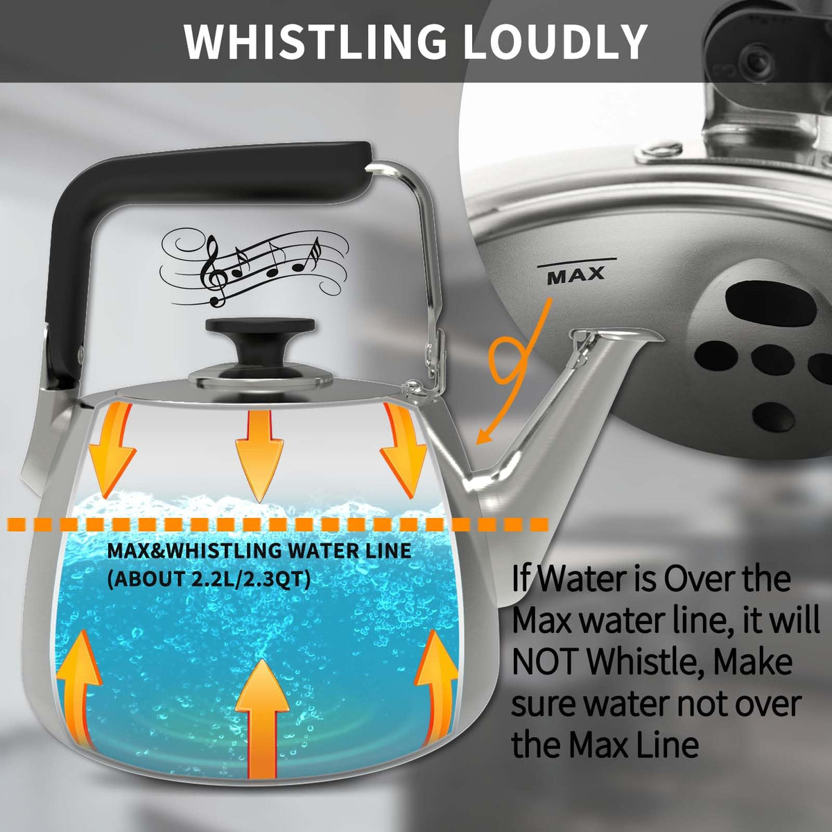 SADOMAIN Tea Kettle uses 18/8 stainless steel for rust resistance and longevity.