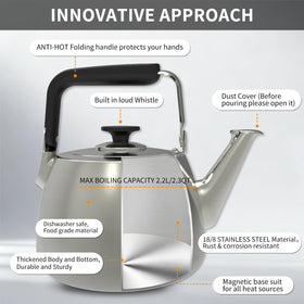 SADOMAIN Tea Kettle foldable handle design saves space in cupboards.