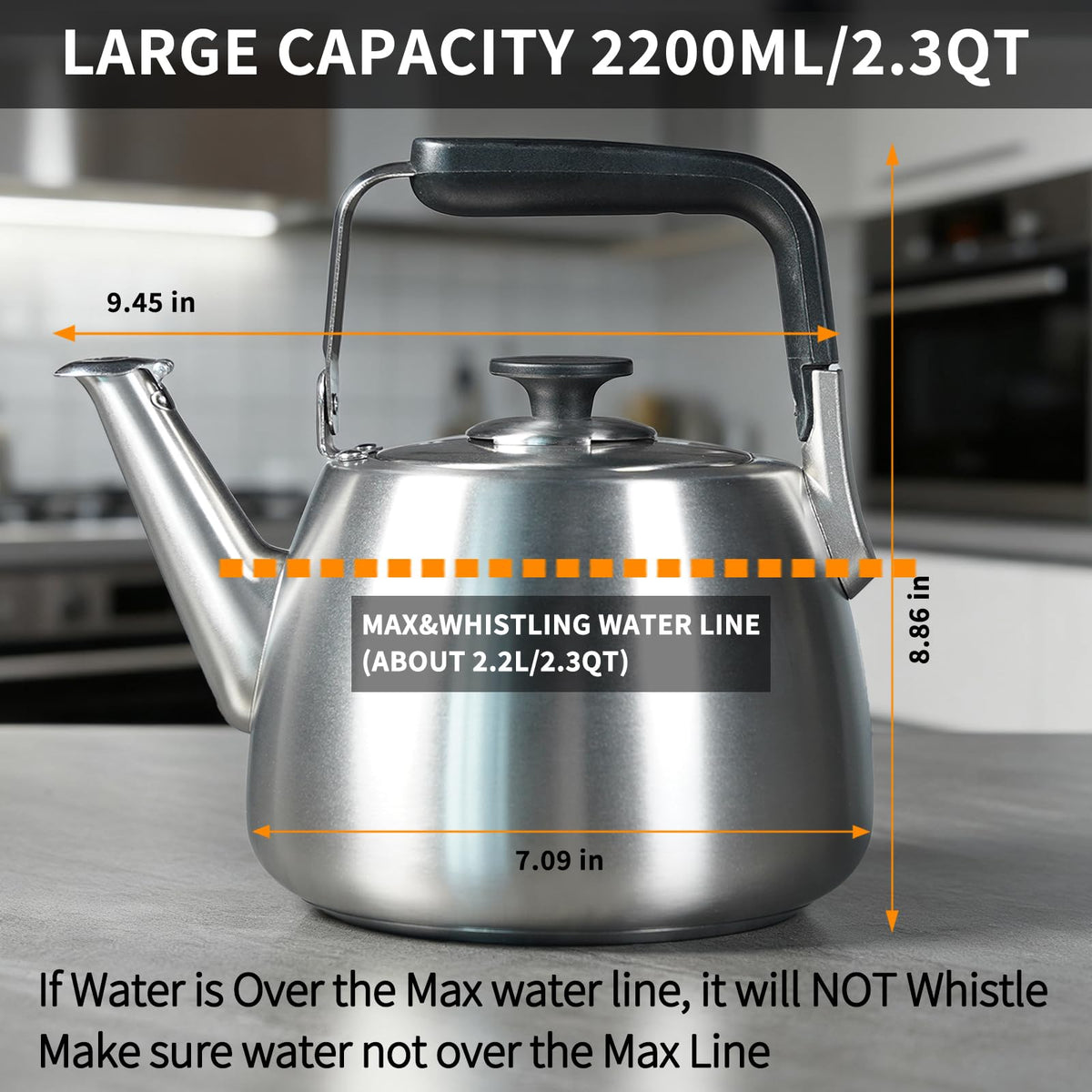 SADOMAIN Tea Kettle large 2.3 qt capacity suitable for families or gatherings.