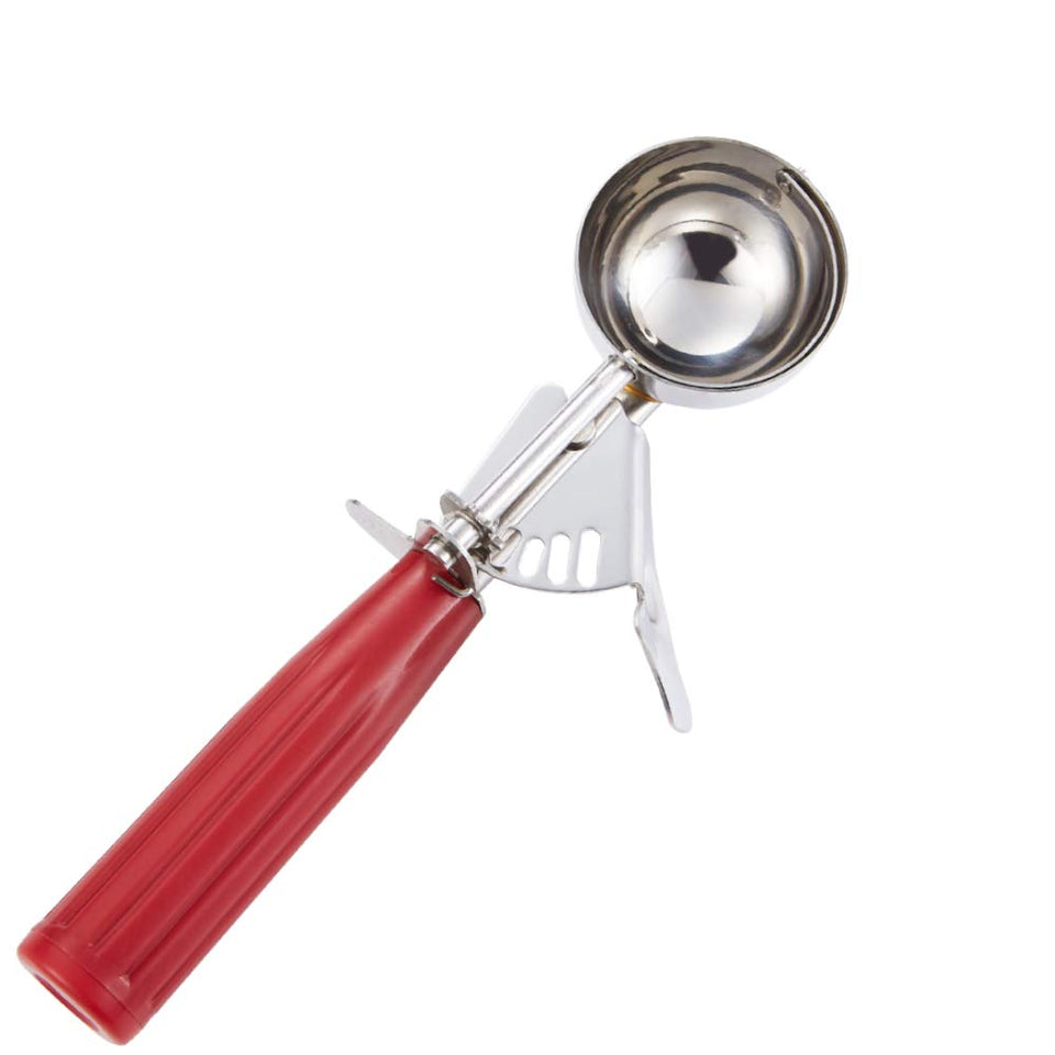 Saebye cookie scoop 24 with red handle for precise 1.35 oz portions.