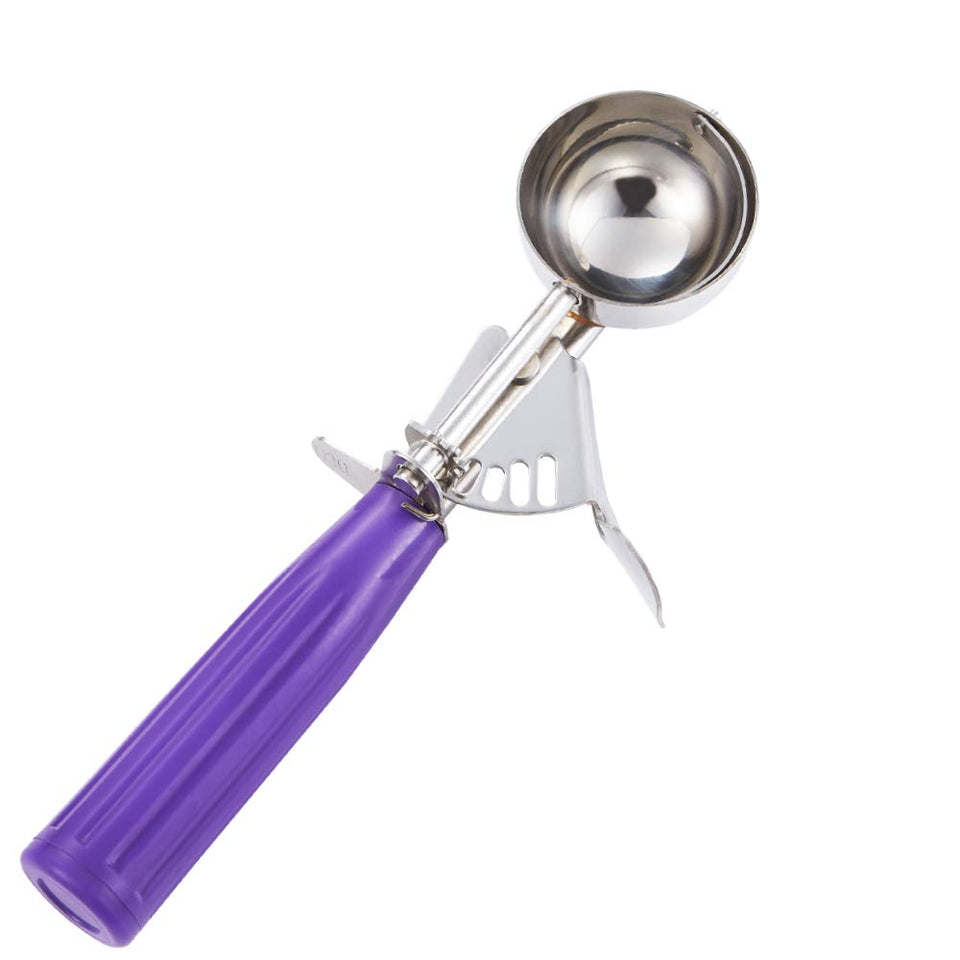 Saebye cookie scoop with purple handle for precise 1.22 oz portions.