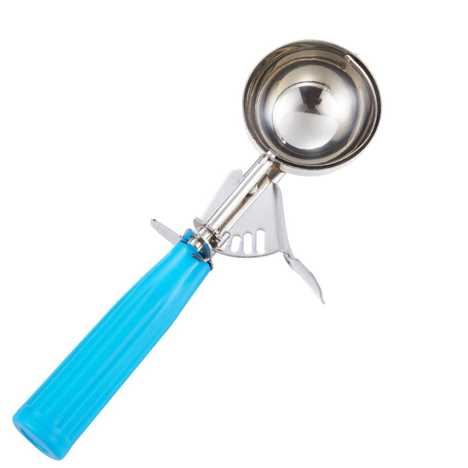 Saebye portion scoop 16 with blue handle for precise 2 oz portions.