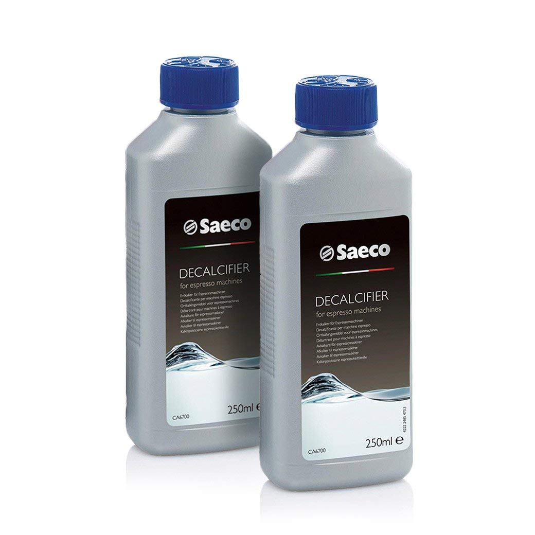 Saeco decalcifier 2x250 ml pack for espresso machines; prevents limescale and preserves performance.